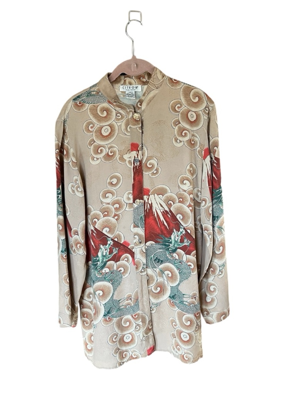 Vintage 90 Citron Santa Monica Silk Dragon Fuji Blouse M Wearable Art Boho Luxe - Picture 2 of 6